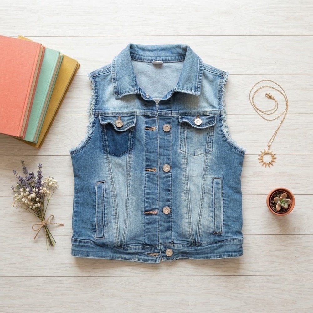 Zara Girls Denim Vest Medium Wash Distressed Frayed Core Denim Collection 11/12